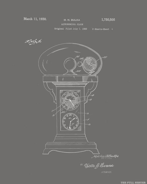 1930 Astronomical Clock Patent Drawing Set