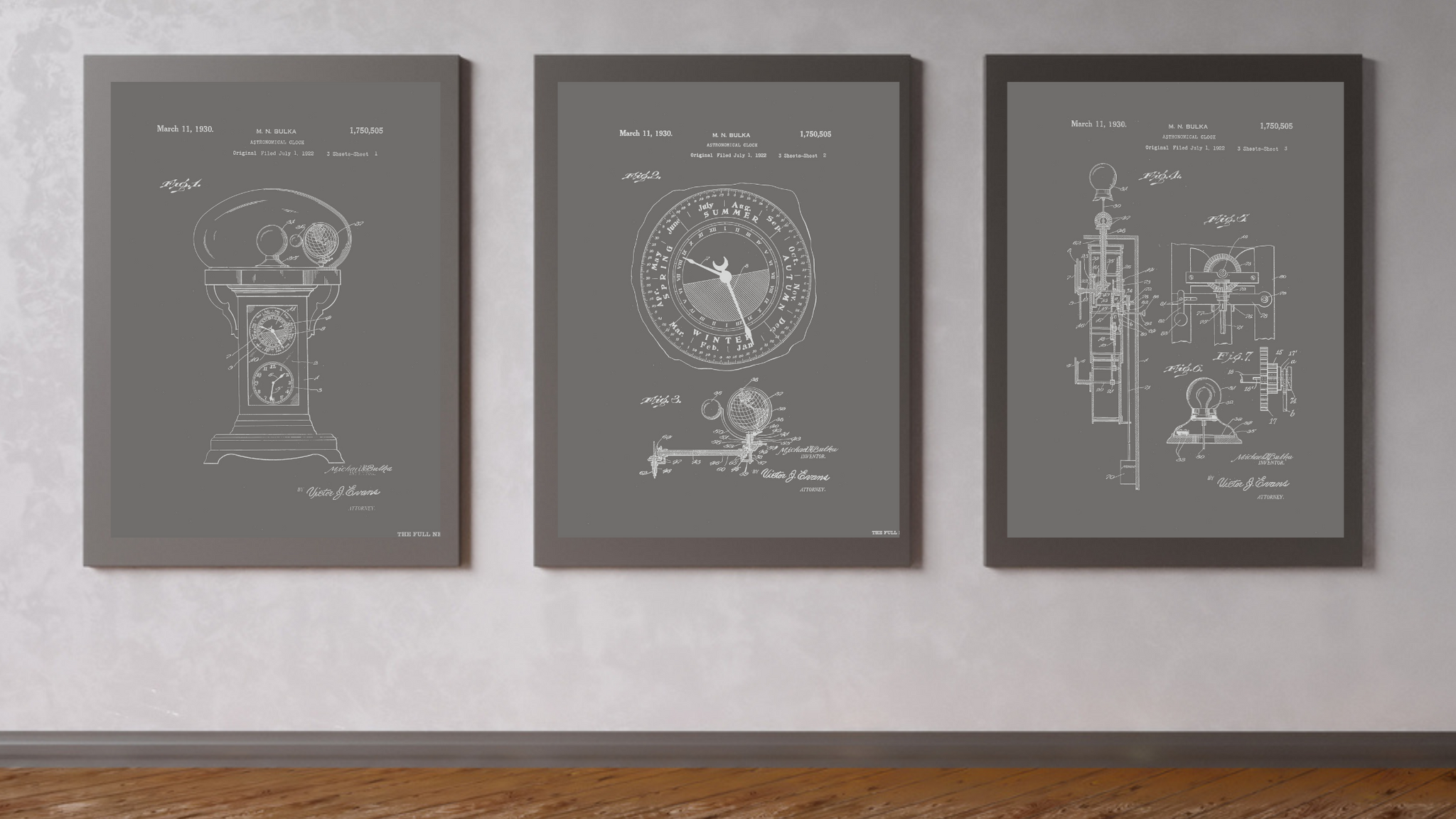 1930 Astronomical Clock Patent Drawing Set