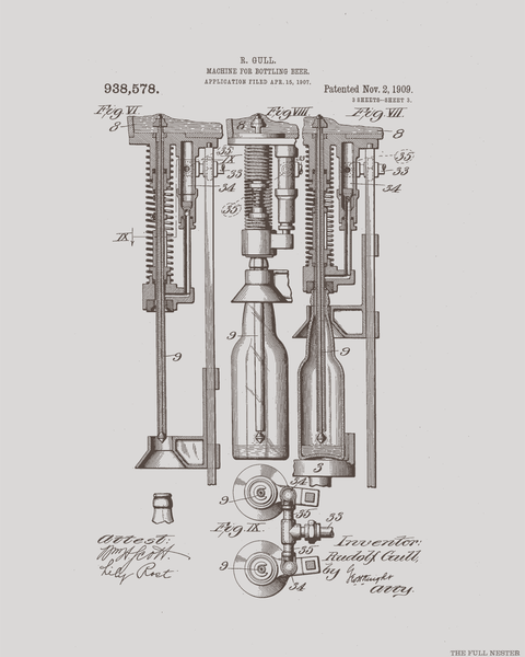 Set of Three 1909 Beer Bottling Machine Patent Drawings