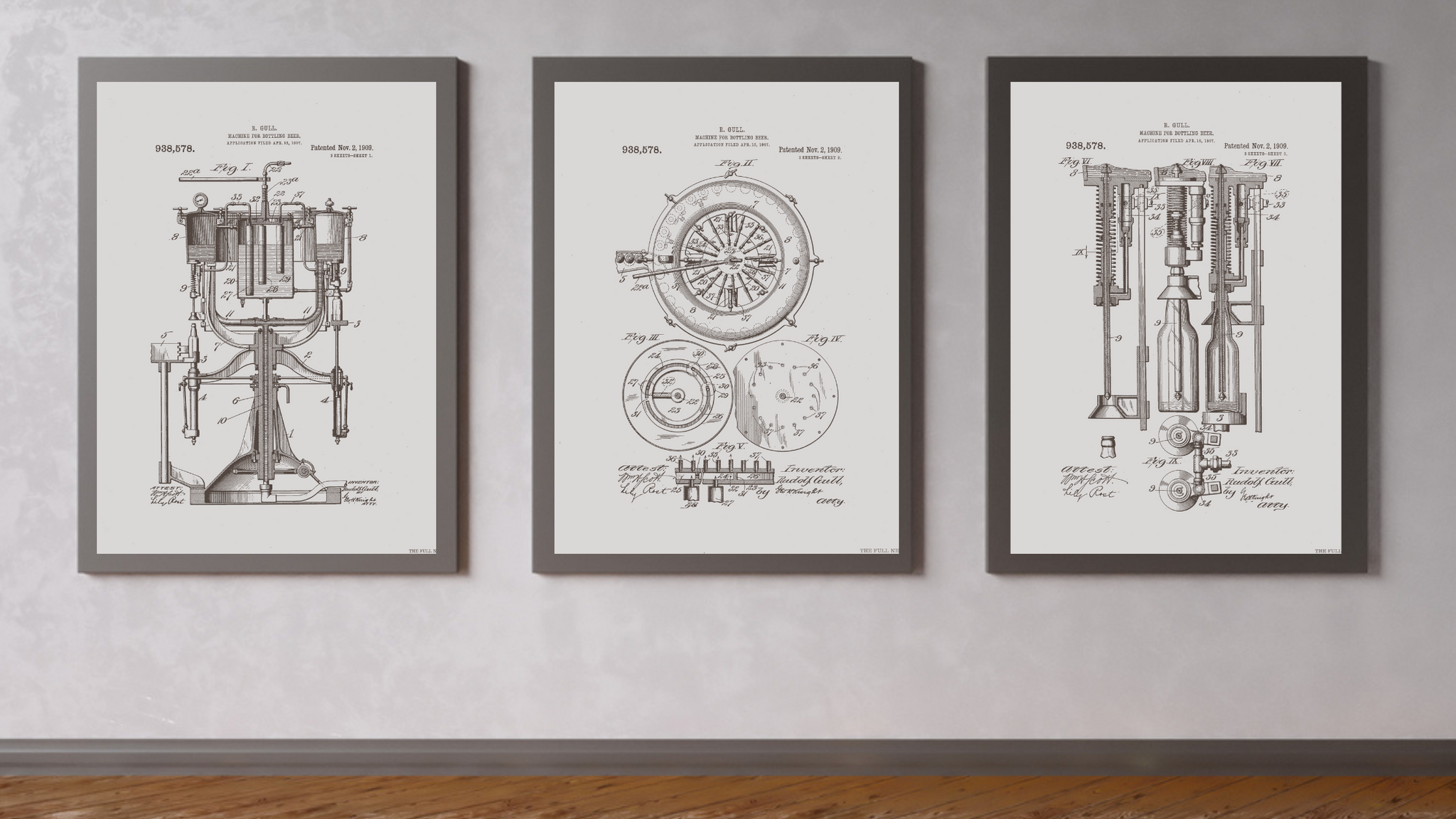 Set of Three 1909 Beer Bottling Machine Patent Drawings