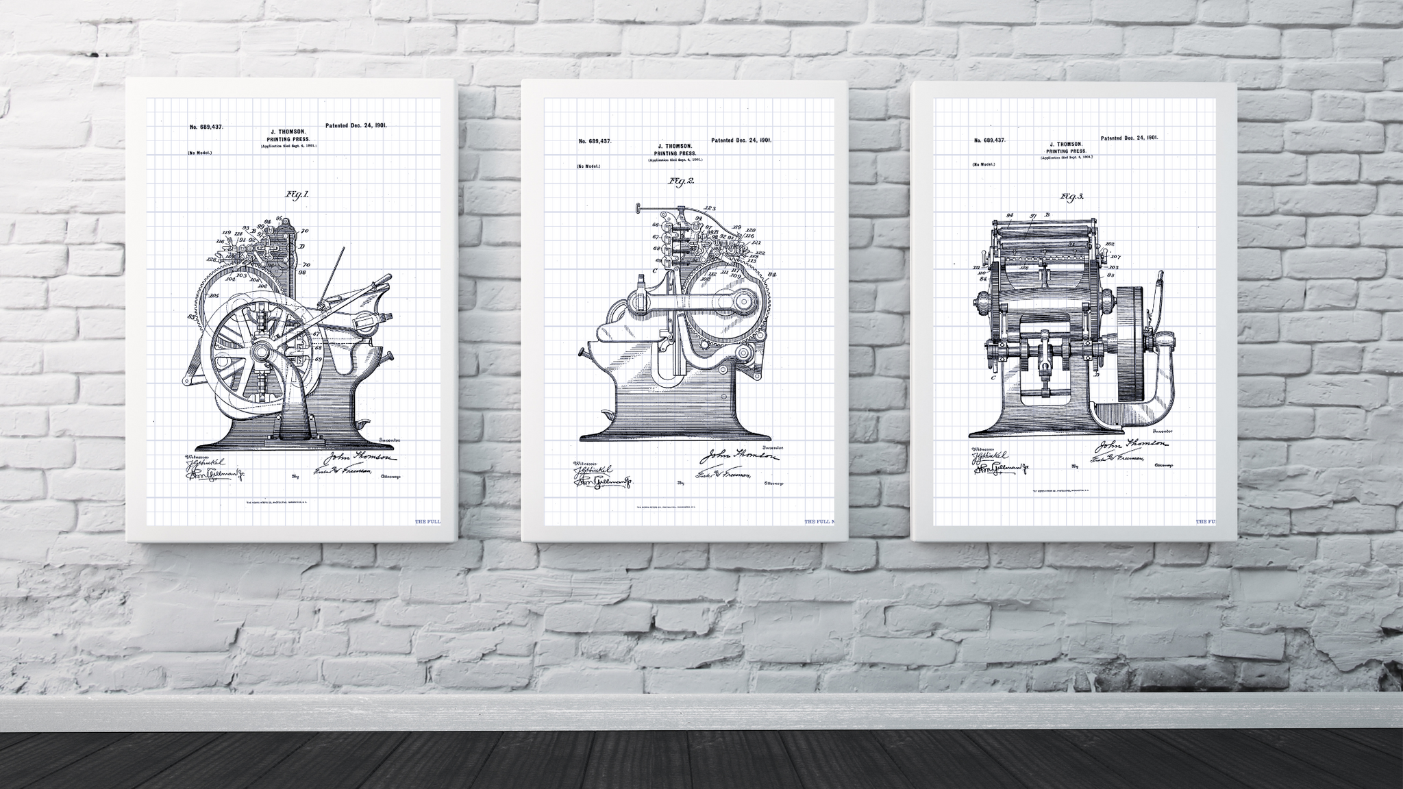1901 Set of Three Printing Press Patent Drawings