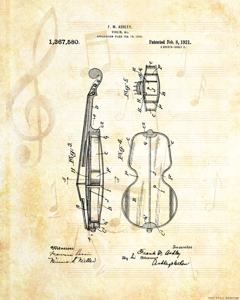 Set of Two 1921 Violin Patent Drawings
