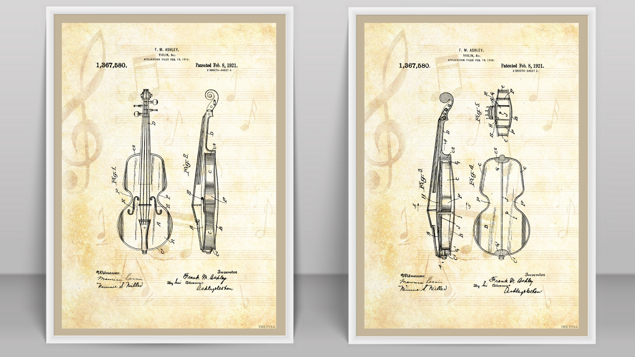 Set of Two 1921 Violin Patent Drawings