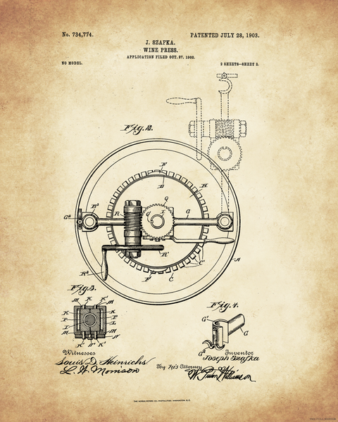 Set of 1903 Wine Press Patent Drawings